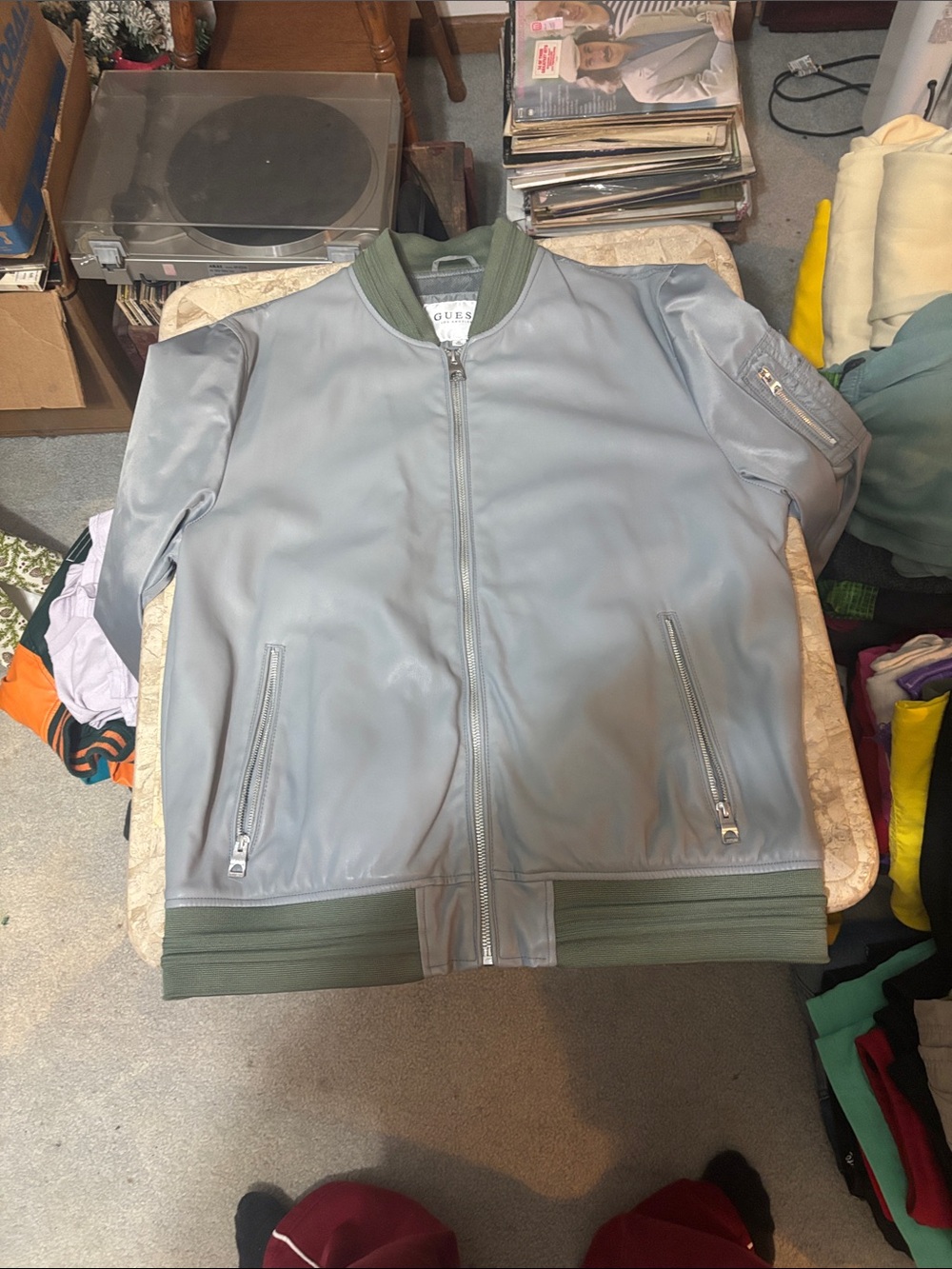 Guess Men’s Light Gray Bomber Jacket with Olive Trim